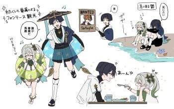 Rule 34 | +++, 1boy, 1girl, anklet, arm rest, armlet, arms at sides, arms on knees, beach, black bodysuit, black bow, black bridal gauntlets, black leggings, black sandals, black shorts, bloomers, blue cape, blue gemstone, blue hat, blue kimono, blue sleeves, blunt ends, blush, bodysuit, bow, bracelet, bridal gauntlets, buoy, cape, character name, choppy bangs, closed eyes, colored tips, conch, cup, detached sleeves, dress, empty eyes, facing another, facing viewer, feathers, feeding, foot up, furisode, gem, genshin impact, gold, gold trim, green cape, green sleeves, grey hair, hair between eyes, hair ornament, hakama, hakama shorts, hand on own face, hands under legs, happy, hat, highres, holding, holding spoon, index finger raised, japanese clothes, jewelry, jingasa, juban, kimono, layered sleeves, leaf, leaf hair ornament, leg warmers, leggings, long hair, mask, mask on head, multicolored hair, musical note, nahida (genshin impact), no6 gnsn, open clothes, open kimono, open mouth, orange hair, plate, pleated shorts, pointing, pointing at object, pointy ears, polka dot, pom pom (clothes), purple rope, purple sash, red mask, rope, sandals, sash, scaramouche (genshin impact), shore, short sleeves, shorts, shoulder peek, side ponytail, sidelocks, sitting, smile, socks, sparkle, spoon, star (symbol), star print, starfish, tartaglia (genshin impact), toeless socks, translation request, turtleneck, turtleneck bodysuit, underwear, vision (genshin impact), wanderer (genshin impact), wanted poster, white bloomers, white dress, white hair, white kimono, white leg warmers, white sleeves, white socks, yellow feathers, zouri