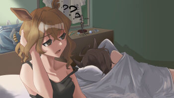 2girls ? absurdres aftersex agnes_tachyon_(umamusume) animal_ears bag bare_shoulders bed bedroom black_gloves black_hair black_jacket black_pants black_tank_top blanket breasts brown_hair center_frills center_opening character_figure chemical_structure collarbone earrings figure frilled_shirt frills fuji_kiseki_(shooting_star_revue)_(umamusume) fuji_kiseki_(umamusume) gloves hair_between_eyes highres horse_ears horse_girl jacket jewelry jungle_pocket_(umamusume) lili_(egas4455) long_sleeves lying medium_hair multiple_girls necklace notched_ear on_side open_mouth pants pillow school_bag shirt short_hair tank_top umamusume under_covers unworn_earring unworn_jewelry unworn_necklace white_shirt yellow_eyes yuri