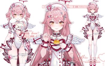 1girl angel angel_wings animal_collar asymmetrical_legwear asymmetrical_skirt bag bandaid bandaid_on_leg bandaid_on_thigh belt belt_buckle blood blood_drip blood_halo blunt_ends bow bow_skirt breasts buckle buttons cardiogram cardiogram_print cherry chinese_commentary closed_mouth collar commentary_request commission covered_navel cowboy_shot cross cross-laced_clothes cross-laced_dress cross_hair_ornament cross_print crossed_bangs crossed_belts dagger dot_nose drill_hair earrings eating eyelashes feathered_wings food frilled_collar frilled_headwear frilled_skirt frilled_wrist_cuffs frills fruit full_body gelatin hair_between_eyes hair_intakes hair_ornament hair_ribbon hairclip halo happy hat hat_ornament heart heart-shaped_bag heart-shaped_bandaid heart-shaped_buckle heart_button heart_hat_ornament highres holding holding_plate holding_spoon holding_stuffed_toy jewelry kneehighs knees knife lace lace-trimmed_skirt lace_trim large_breasts leotard light_blush lips liquid_halo long_hair looking_at_viewer low-tied_sidelocks mini_wings miniskirt multiple_views nurse nurse_cap original pill_hair_ornament pink_bag pink_hair pink_lips pink_shoes plate pleated_skirt print_bag print_shoes print_sleeves print_wrist_cuffs red_bow red_collar red_cross red_halo red_ribbon reference_sheet ribbon ribbon-trimmed_skirt ribbon_trim sample_watermark see-through_clothes see-through_socks see-through_thighhighs shanwenyufan shoes short_hair short_sleeves shoulder_bag showgirl_skirt side_slit sidelocks simple_background single_earring single_kneehigh single_sidelock single_sock single_thighhigh skirt smile socks spaghetti_strap sphere_earrings spoon standing straight-on studded_collar stuffed_animal stuffed_toy teddy_bear thigh_belt thigh_strap thighhighs twin_drills twintails two_side_up upper_body very_long_hair virtual_youtuber watermark weapon white_background white_belt white_hat white_leotard white_skirt white_socks white_thighhighs white_wings white_wrist_cuffs winged_heart wings wrist_cuffs x_hair_ornament yellow_eyes