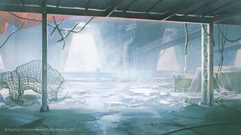 abandoned broken broken_fence catwalk_(walkway) commentary company_name copyright_notice english_commentary fence girls'_frontline highres ice icicle indoors industrial_pipe no_humans nunok official_art platform rebar water wet_floor