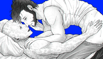 2boys abs arm_hair ass bald beard bed_sheet blue_background blush boy_on_top clothes_pull deadpool deadpool_&amp;_wolverine deadpool_(series) doghooouse eye_contact facial_hair hand_on_another's_face highres imminent_penetration large_pectorals looking_at_another male_focus marvel marvel monochrome multiple_boys muscular muscular_male open_mouth pants pants_pull pectorals pillow scar scars_all_over short_hair smile sweat too_many wolverine_(x-men) x-men yaoi