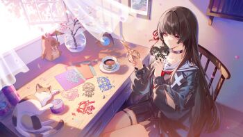 1girl aalto_(wuthering_waves) absurdres amaichi_esora arm_cutout black_choker black_hair black_jacket black_serafuku black_shirt black_skirt camellya_(wuthering_waves) can chisa_(wuthering_waves) choker closed_mouth clothing_cutout collarbone commentary_request cup curtains drink_can encore_(wuthering_waves) female_rover_(wuthering_waves) from_above hair_rollers highres holding holding_cup indoors jacket long_hair long_sleeves male_rover_(wuthering_waves) namipon_(wuthering_waves) neckerchief open_window pink_petals red_eyes red_neckerchief red_ribbon ribbon rover_(wuthering_waves) sailor_collar school_uniform serafuku shirt shorekeeper_(wuthering_waves) sitting skirt smile solo thigh_strap white_sailor_collar window wuthering_waves