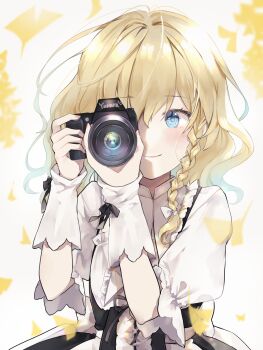 1girl artist_name black_dress blonde_hair blue_eyes bow braid camera commentary_request curiosities_of_lotus_asia dress falling_petals ginkgo_leaf hair_bow highres holding holding_camera kirisame_marisa leaf long_hair looking_at_viewer minatsuki_yurara no_headwear petals puffy_short_sleeves puffy_sleeves short_sleeves side_braid single_braid solo taking_picture touhou upper_body white_bow