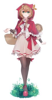 1girl absurdres airani_iofifteen_(artist) animal_ears ayunda_risu basket blush brown_hair commentary cosplay dress green_eyes hashtag-only_commentary highres hololive hololive_indonesia hood little_red_riding_hood_(fairy_tale_character) little_red_riding_hood_(fairy_tale_character)_(cosplay) long_hair looking_at_viewer smile solo squirrel_ears squirrel_girl squirrel_tail tail thighhighs virtual_youtuber
