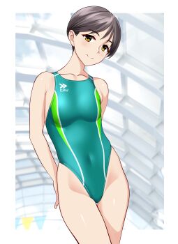 Rule 34 | 1girl, absurdres, black hair, breasts, brown eyes, collarbone, commentary request, competition swimsuit, covered navel, glass ceiling, green one-piece swimsuit, groin, highleg, highleg one-piece swimsuit, highres, indoors, looking at viewer, mature female, medium breasts, multicolored swimsuit, one-piece swimsuit, original, short hair, smile, solo, string of flags, swimsuit, takafumi, variant set