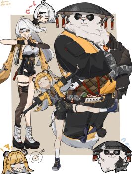 Rule 34 | 1boy, 2girls, animal ears, artist name, black fur, black pants, black shorts, blonde hair, bracelet, chibi, chinese clothes, claws, dated, hashtag-only commentary, highres, jewelry, ju fufu, multicolored fur, multiple girls, multiple rings, pan yinhu, panda boy, panda ears, pants, ring, round eyewear, shirt, shorts, signature, spiked bracelet, spikes, white fur, white hair, wok, yellow shirt, yixuan (zenless zone zero), zenless zone zero, zhymao