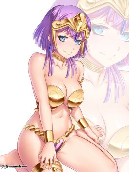 1girl armlet bernadetta_von_varley bernadetta_von_varley_(timeskip) bikini blue_eyes blush breasts choker cleavage collarbone commentary cosplay dancer_shantae earrings embarrassed english_commentary etchimune fire_emblem fire_emblem:_three_houses gold_bikini headpiece jewelry large_breasts looking_at_viewer metal_bikini navel nintendo purple_hair shantae shantae_(cosplay) shantae_(series) short_hair short_hair_with_long_locks simple_background sitting solo swimsuit tareme thigh_strap thighs twitter_username wariza white_background wide_hips