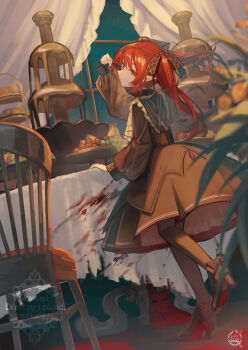 Rule 34 | 1girl, banana, blood, blood stain, blurry, blurry foreground, brown dress, brown footwear, brown pantyhose, chair, commentary request, dress, dutch angle, fondue, food, fruit, grapes, hemorina, high heels, highres, holding, holding food, holding fruit, indoors, leaf, leg up, long hair, looking back, original, pantyhose, pointy ears, red eyes, red hair, solo, strawberry, tiered tray, twintails, watermark