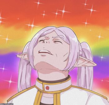 1girl commentary earrings elf english_commentary fabulous_secret_powers_(meme) frieren grey_hair jewelry long_hair masters_of_the_universe meme parody pointy_ears solo sousou_no_frieren twintails tyrone upward_angle_frieren_drawing_(meme)