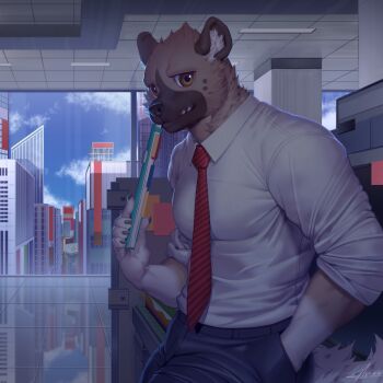 1boy aggressive_retsuko artist_name black_pants blue_sky book brown_eyes building ceiling cloud day furry furry_male haida_(aggretsuko) hand_in_pocket holding holding_book hyena looking_at_viewer male_focus muscular muscular_arms necktie office pants raccoon21 reflection salaryman scenery shirt sky skyscraper smile solo standing white_shirt window