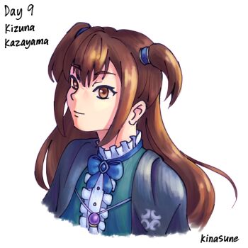 Rule 34 | 1girl, aqua dress, artist name, black dress, blue bow, blue bowtie, bow, bowtie, brown eyes, brown hair, character name, closed mouth, collar, commentary, cropped torso, dress, english commentary, english text, flat chest, frilled collar, frills, hair between eyes, highres, kazayama kizuna, kinasune, layered dress, light smile, long hair, looking ahead, open clothes, open dress, short twintails, sidelocks, signature, simple background, solo, tassel necklace, tate no yuusha no nariagari, twintails, upper body, white background