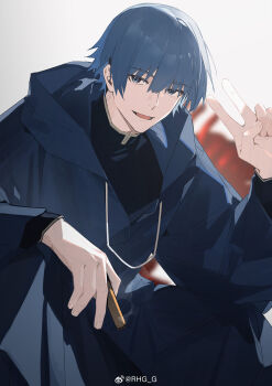 1boy absurdres blue_eyes blue_hair chinese_commentary cigar commentary_request faldeus_dioland fate/strange_fake fate_(series) highres holding holding_cigar hooded_robe long_sleeves looking_at_viewer male_focus open_mouth rhg robe shirt short_hair smile solo v white_background