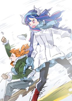 2girls arm_up black_pantyhose blue_hair blue_hat blue_pants blue_scarf blue_sweater blush boots closed_eyes coat commentary denim from_side fur-trimmed_jacket fur_trim gloves green_jacket hat horns jacket jeans long_hair mask motion_lines mouth_mask multiple_girls nami_(one_piece) one_piece open_mouth orange_hair outdoors pants pantyhose profile raine_(acke2445) red_boots scarf sitting sled sledding snow sweater symbol-only_commentary ulti_(one_piece) white_coat winter_clothes winter_coat