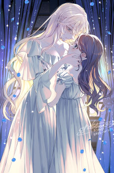2girls blonde_hair blue_eyes blush breasts brown_hair closed_mouth collarbone commentary_request genkai_ol-san_wa_akuyaku_reijou-sama_ni_tsukaetai grabbing_another&#039;s_chin hand_on_another&#039;s_chin height_difference highres holding lapis_tenebrae lingerie long_hair looking_at_another looking_down looking_up multiple_girls natori_midori negligee nightgown see-through_clothes shinonome_neko-tarou sleepwear title underwear white_nightgown yuri