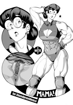 1girl anus arm_behind_head breasts burustandin cleavage cleavage_cutout clothing_cutout commentary covered_abs earrings female_pubic_hair glasses gloves hair_bun hand_on_own_hip highres jewelry knee_pads large_breasts leotard muscular muscular_female original pompadour pubic_hair pussy round_eyewear single_hair_bun