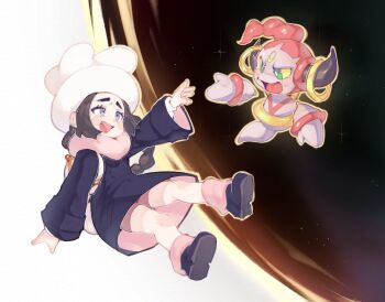 1girl :d absurdres ansha_(pokemon) arm_up bag black_coat black_hair black_shoes blue_eyes blush_stickers bright_pupils child coat commentary detached_arm dot_nose floating full_body furrowed_brow gen_6_pokemon green_eyes hat highres hoopa hoopa_(confined) legendary_pokemon long_sleeves looking_at_another mythical_pokemon nintendo onimiere open_mouth outline pokemon pokemon_(creature) pokemon_legends:_z-a portal_(object) shoes shoulder_bag smile sparkle white_hat white_pupils yellow_outline