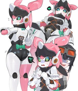 !? 2girls absurdres ass behind_another black_hair black_sclera blue_eyes blush bow breasts colored_sclera goggles goggles_on_head grace_howard gradient_eyes green_bow green_eyes heart highres hood_(james_x) humanoid_robot joints looking_at_viewer looking_back multicolored_eyes multiple_girls pink_hair robot robot_girl robot_joints shaded_face small_breasts smile spoken_heart spoken_interrobang thick_thighs thighs white_background wide-eyed yutane_johiel zenless_zone_zero