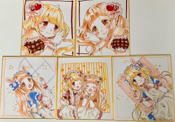 2girls :d ;d ^_^ animal_ears apron bear_ears blonde_hair blue_dress bow brown_dress brown_eyes brown_hair brown_sleeves center_frills closed_eyes closed_mouth collared_dress detached_sleeves dress ear_bow frilled_apron frilled_sleeves frills futaba_anzu gloves hand_up hands_up heart ichihara_nina idolmaster idolmaster_cinderella_girls idolmaster_cinderella_girls_starlight_stage long_hair low_twintails maid maid_apron maid_headdress multiple_girls one_eye_closed open_mouth photo_(medium) plaid_clothes plaid_sleeves puffy_short_sleeves puffy_sleeves rino_cnc shikishi short_sleeves smile traditional_media twintails very_long_hair white_apron white_gloves wrist_cuffs