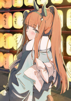 1girl alternate_costume animal_ears blue_eyes blue_kimono blush commentary_request ear_covers emyo from_behind highres horse_ears horse_girl horse_tail japanese_clothes kimono long_hair looking_at_viewer looking_back obi orange_hair sash silence_suzuka_(umamusume) solo tail umamusume