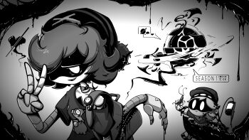 1boy 1girl absurdres android beanie black_hat black_jacket gir_(dog_costume)_(invader_zim) gir_(invader_zim) glitch_prod grey_hair hat highres humanoid_robot invader_zim jacket looking_at_viewer mechanical_arms murder_drones n_(murder_drones) official_art open_mouth robot short_hair short_sleeves simple_background smile uzi_(murder_drones) white_hair