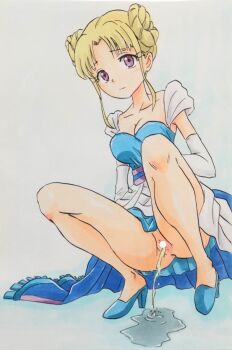 1girl absurdres ashigaki_radar bar_censor blonde_hair blue_dress blue_shoes blush breasts censored cleavage collarbone dc_comics double_bun dress gloves hair_bun high_heels highres large_breasts looking_at_viewer no_panties peeing princess princess_fione puddle purple_eyes pussy shoes sleeveless sleeveless_dress squatting suicide_squad suicide_squad_isekai white_background white_gloves