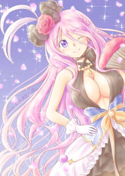 1girl akihara_ryou breasts cleavage dancer dress folding_fan francesca_frainseigner frilled_dress frills hair_ornament hand_fan hand_on_own_hip highres iris_mysteria! large_breasts long_hair one_eye_closed petals pink_hair purple_eyes smile very_long_hair