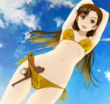 1girl arms_behind_head asymmetrical_bangs bikini black_hair brown_hair camouflage camouflage_bikini girls_und_panzer green_eyes gun halterneck handgun long_hair looking_at_viewer navel nishi_kinuyo object_in_clothes object_in_swimsuit open_mouth pistol side-tie_bikini_bottom straight_hair string_bikini swimsuit weapon yurikuta_tsukumi