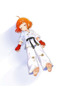 1girl absurdres ahoge barefoot belt black_belt chinese_commentary closed_eyes commentary_request dirty dirty_clothes dirty_feet dougi feet full_body gloves highres kuma-bound lying martial_arts_belt on_back orange_hair original pants red_gloves sleeping soles solo toes white_background white_pants