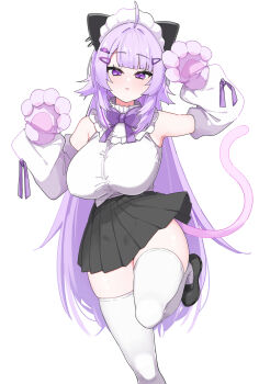 Rule 34 | 1girl, alternate costume, animal ears, black shoes, black skirt, breasts, cat ears, cat girl, cat tail, fake animal ears, haseneko, highres, hololive, large breasts, loafers, long hair, looking at viewer, nekomata okayu, official alternate hair length, official alternate hairstyle, open mouth, paw pose, purple eyes, purple hair, shirt, shoes, skirt, tail, thighhighs, very long hair, virtual youtuber, white background, white shirt, white thighhighs