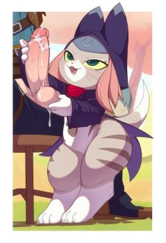 1boy 1girl absurdres animal_ears aqua_eyes bottomless cat_ears cat_girl cat_tail chair cloak colored_sclera commentary cum cumdrip english_commentary felyne furry furry_female furry_with_non-furry handjob hetero highres hood hood_up interspecies kekitopu kyle_(monster_hunter) medium_hair monster_hunter_(series) monster_hunter_stories_2:_wings_of_ruin open_mouth pear-shaped_figure penis pink_hair purple_cloak shortstack sitting standing striped_fur tail testicles thick_thighs thighs tsukino_(monster_hunter) whiskers wide_hips yellow_sclera