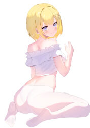 Rule 34 | 1girl, absurdres, ass, bare shoulders, blonde hair, blue eyes, blush, bob cut, closed mouth, commentary, from behind, hair ornament, highres, hololive, hololive english, looking at viewer, looking back, no pants, off-shoulder shirt, off shoulder, panties, panties under pantyhose, pantyhose, pokyo, shirt, short hair, short sleeves, simple background, sitting, smile, twitter username, underwear, virtual youtuber, wariza, watson amelia, white background, white panties, white pantyhose, white shirt