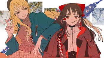 Rule 34 | 2girls, :d, between fingers, blonde hair, blush, bow, braid, brown hair, brown jacket, brown skirt, brown sweater, candy, closed mouth, coat, commentary request, disembodied eye, food, food in mouth, gap (touhou), green coat, hair bow, hakurei reimu, highres, holding, holding candy, holding food, holding lollipop, houndstooth, jacket, lollipop, long hair, long sleeves, looking at another, looking at viewer, multiple girls, open mouth, pocky, pocky in mouth, rakuichi, red bow, red eyes, skirt, smile, sweater, touhou, very long hair, yakumo yukari, yellow eyes