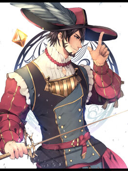 Rule 34 | 1boy, assan (kagokamisan), beard, black hair, buttons, closed mouth, facial hair, gold buttons, grey eyes, hat, hat feather, highres, holding, holding sword, holding weapon, ipos (megido72), long sleeves, male focus, megido72, profile, puffy long sleeves, puffy sleeves, rapier, red hat, short hair, smile, solo, spiked hair, sword, upper body, weapon, white background