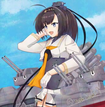 1girl akizuki_(kancolle) akizuki_kai_ni_(kancolle) black_hair black_headband blue_sky chou-10cm-hou-chan chou-10cm-hou-chan_(akizuki's) cloud commentary_request corset gloves grey_eyes headband kantai_collection makinoki neckerchief orange_neckerchief pleated_skirt ponytail sailor_collar skirt sky solo twitter_username white_gloves white_sailor_collar white_skirt