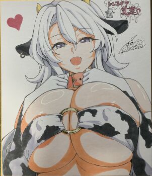 Rule 34 | 1girl, :d, animal ears, animal print, areola slip, belt collar, bikini, breasts, cleavage, collar, commentary request, cototiworld, covered erect nipples, cow ears, cow horns, cow print, cow print bikini, cow print gloves, ear piercing, elbow gloves, gloves, grey eyes, hair between eyes, hands on own chest, highres, horns, huge breasts, long hair, o-ring, o-ring bikini, o-ring top, open mouth, photo (medium), piercing, print bikini, print gloves, senki zesshou symphogear, signature, simple background, smile, solo, sonnet m. yukine, swimsuit, traditional media, underboob, upper body, white background, white hair