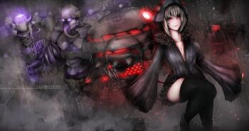 1boy 1girl absurdres arm_cannon armor artist_name breasts cleavage command_&amp;_conquer command_&amp;_conquer:_red_alert command_&amp;_conquer:_red_alert_2 dress floating fur-trimmed_jacket fur_trim gas_mask grey_background grey_jacket helmet highres hood hood_up jacket large_breasts libra_(mental_omega) machine machinery mask mechanical_tail mental_omega_(mod) no_bra nozzle partially_open_jacket pleated_dress pleated_sleeves rahn_(mental_omega) rain red_eyes shoes short_hair sleeves_past_fingers sleeves_past_wrists smile tail thighhighs thighs upper_body weapon white_hair wispy_bangs zuldecrose