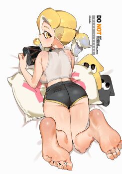 1girl artist_name ass barefoot black_shorts blonde_hair blowing_bubble_gum breasts chewing_gum commentary crop_top dolphin_shorts ear_piercing ed_(jinko) feet from_behind genderswap genderswap_(mtf) gradient_hair hair_ornament hair_stick handheld_game_console highres holding holding_handheld_game_console inkling inkling_girl inkling_player_character jacket jinkoika large_breasts legs_up long_pointy_ears looking_at_viewer looking_back lying median_furrow medium_hair multicolored_hair nintendo on_pillow on_stomach original piercing pillow pointy_ears ponytail presenting_own_foot shirt shorts soles solo splatoon_(series) squid tentacle_hair thighs toes turtleneck turtleneck_shirt underbutt white_shirt yellow_eyes yes-no_pillow