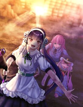 Rule 34 | 3girls, absurdres, aikawa megumi, commentary request, dirty, dirty clothes, dirty face, green eyes, heaven burns red, highres, kepekki kanojo, kunimi tama, long hair, multiple girls, neck ribbon, pink eyes, pink hair, protecting, purple hair, red eyes, ribbon, satsuki mari, school uniform, twintails