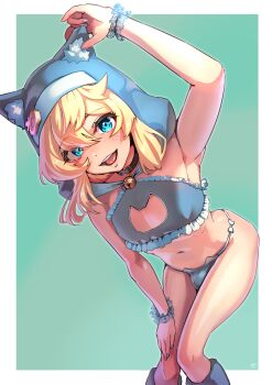 Rule 34 | 1boy, androgyne symbol, animal ears, animal hood, aqua background, bell, black collar, blonde hair, blue bra, blue nails, blue panties, blue scrunchie, bra, bridget (guilty gear), bulge, cat cutout, cat ears, cat hood, cat lingerie, clothing cutout, collar, commentary request, genderswap, genderswap (otm), guilty gear, guilty gear strive, highres, hood, looking at viewer, male focus, momojiri momoji, nail polish, neck bell, open mouth, outside border, panties, scrunchie, smile, solo, trap, underwear, wrist scrunchie