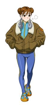 1girl absurdres alternate_costume blue_leggings blue_shirt bomber_jacket brown_eyes brown_hair brown_jacket capcom chun-li commentary_request double_bun expressionless full_body hair_bun hands_in_pockets headphones headphones_around_neck hei_taiyou highres jacket leggings legs looking_to_the_side multicolored_shoes shirt shoes simple_background sneakers solo street_fighter street_fighter_zero_(series) white_background