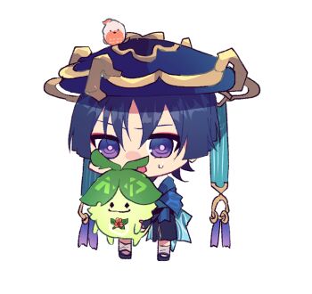 Rule 34 | 1boy, animal, animal on head, aranara (genshin impact), bird, bird on head, black bridal gauntlets, black hair, black shoes, black shorts, blue cape, blue hat, blunt ends, bridal gauntlets, cape, chibi, choppy bangs, commentary request, creature, eyeliner, finch, flower, full body, furisode, genshin impact, gold, hat, holding, holding creature, japanese clothes, jingasa, kimono, leaf, makeup, male focus, on head, open mouth, purple eyes, purple pupils, red eyeliner, red flower, ringed eyes, scaramouche (genshin impact), shoes, shorts, socks, standing, sweatdrop, wanderer (genshin impact), white background, white kimono, white socks, zkym78