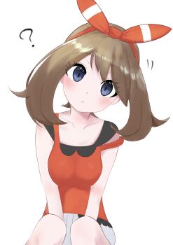 1girl ? absurdres bow bow_hairband brown_hair eyelashes hair_bow hairband highres kion_(namarock8686) looking_at_viewer may_(pokemon) nintendo open_mouth pokemon pokemon_oras red_bow red_hairband red_shirt shirt short_hair sleeveless sleeveless_shirt solo strap_slip white_background