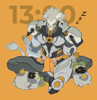 1boy bangboo_(zenless_zone_zero) banyue_(zenless_zone_zero) belion_(zenless_zone_zero) closed_eyes clothed_robot clothes_around_waist commentary_request full_body grey_hair grey_tail highres humanoid_robot male_focus mechanical_tail orange_background robot robot_boy sitting sleeping tail timestamp wz_zong zenless_zone_zero zzz