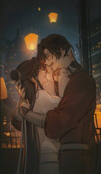 2boys absurdres architecture bandaged_wrist bandages black_hair building chinese_clothes closed_eyes cowboy_shot east_asian_architecture eyepatch glowing gradient_sky hair_ribbon hand_on_another&#039;s_back hands_on_another&#039;s_face hanfu highres hua_cheng hug lantern long_hair long_sleeves male_focus multiple_boys night night_sky open_mouth paper_lantern red_hanfu ribbon sash sky sky_lantern smile string string_around_finger string_of_fate tianguan_cifu topknot white_hanfu white_ribbon white_sash wide_sleeves xie_lian yaoi young57440489 yuanlingpao