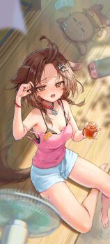 1girl 1other animal_collar animal_ears armpits black_bra blurry blush bone_hair_ornament bra bracelet braid breasts brown_eyes brown_hair collar commentary cup dappled_sunlight depth_of_field dog_ears dog_girl dog_tail electric_fan from_above from_side hair_ornament hand_fan hand_up highres holding holding_cup hololive holonatsu_paradise hot inugami_korone inugami_korone_(dog) jewelry looking_at_viewer looking_up lying messy_hair on_back open_mouth perspective pink_shirt shirt short_shorts shorts signature single_off_shoulder sitting solo_focus summer sunlight sweat switch tail tongue tongue_out twin_braids underwear virtual_youtuber white_shorts wooden_floor yun_bo_(yumbocchi)