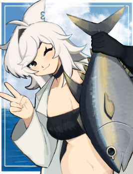 1girl ;3 animal black_eyes black_gloves blue_sky blush breasts cleavage closed_mouth cloud commentary day english_commentary eyelashes fish gloves highres holding holding_animal holding_fish jacket making-of_available medium_hair navel one_eye_closed open_clothes open_jacket original outdoors pengucola procreate_(medium) rei_(pengucola) shark_fin shark_girl single_glove single_hair_intake sky smile solo tuna v water white_hair white_jacket