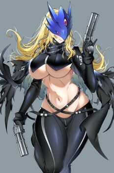1girl absurdres beelstarmon belt black_belt black_boots black_coat black_gloves black_pants black_vest blonde_hair blue_mask boots breasts closed_mouth coat cropped_vest digimon digimon_(creature) dual_wielding eye_mask gloves grey_background groin gun highres holding holding_gun holding_weapon large_breasts leather leather_pants long_hair long_sleeves looking_at_viewer love_jiujie_de_lun mask multiple-barrel_gun navel open_clothes open_coat pants pink_eyes purple_lips sidelocks simple_background skull_print smile solo standing standing_on_one_leg stomach third_eye tight_clothes tight_pants torn_clothes torn_coat underboob vest weapon zipper