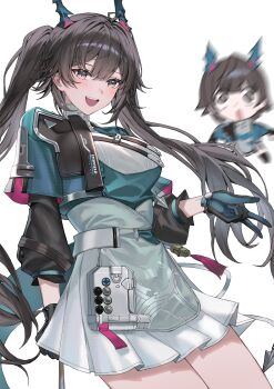 1girl absurdres arknights arknights:_endfield black_gloves black_hair blue_gloves blurry blurry_background chen_qianyu_(arknights) chibi dragon_girl dragon_horns dress gloves highres horns long_hair long_sleeves molyb open_mouth simple_background sketch smile solo teeth twintails two-tone_gloves upper_teeth_only white_background