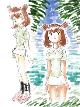 Rule 34 | 1girl, bianca (pokemon heroes), black socks, brown eyes, brown hair, closed mouth, day, flipped hair, fufu8484, green shirt, highres, looking up, miniskirt, mosaic background, multiple views, nintendo, open mouth, outdoors, pokemon, pokemon (anime), pokemon (classic anime), pokemon heroes: latios &amp; latias, shirt, shoes, short hair, short sleeves, skirt, smile, socks, solo, sparkle, sparkle background, standing, tree, water, white background, white skirt