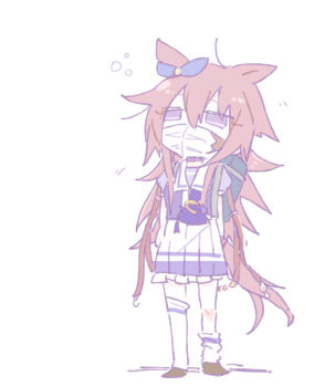 1girl animal_ears asymmetrical_legwear bag beer_hsk blue_ribbon bow brown_hair brown_shoes chibi commentary_request ear_ribbon frilled_skirt frills full_body hair_between_eyes horse_ears horse_girl horse_tail long_hair mask mouth_mask orfevre_(old_design)_(umamusume) pleated_skirt purple_bow purple_eyes purple_shirt ribbon school_bag school_uniform shirt shoes simple_background skirt socks solo standing tail thighhighs tracen_school_uniform umamusume very_long_hair white_background white_skirt white_socks white_thighhighs